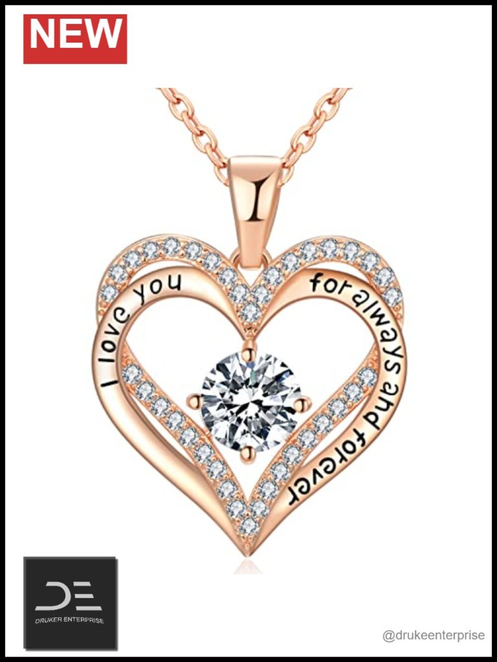 18K Rose Gold Plated Heart Pendant Necklace for Women, Cubic Zirconia, Gift for